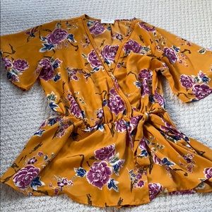 Mustard, floral kimono wrap top